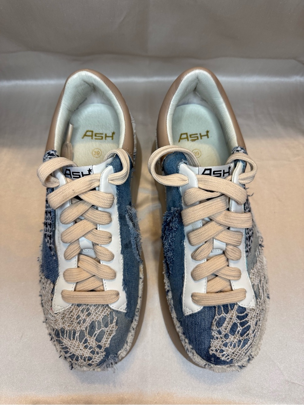 ASH Blue Denim & Beige Lace Low-Top Sneakers